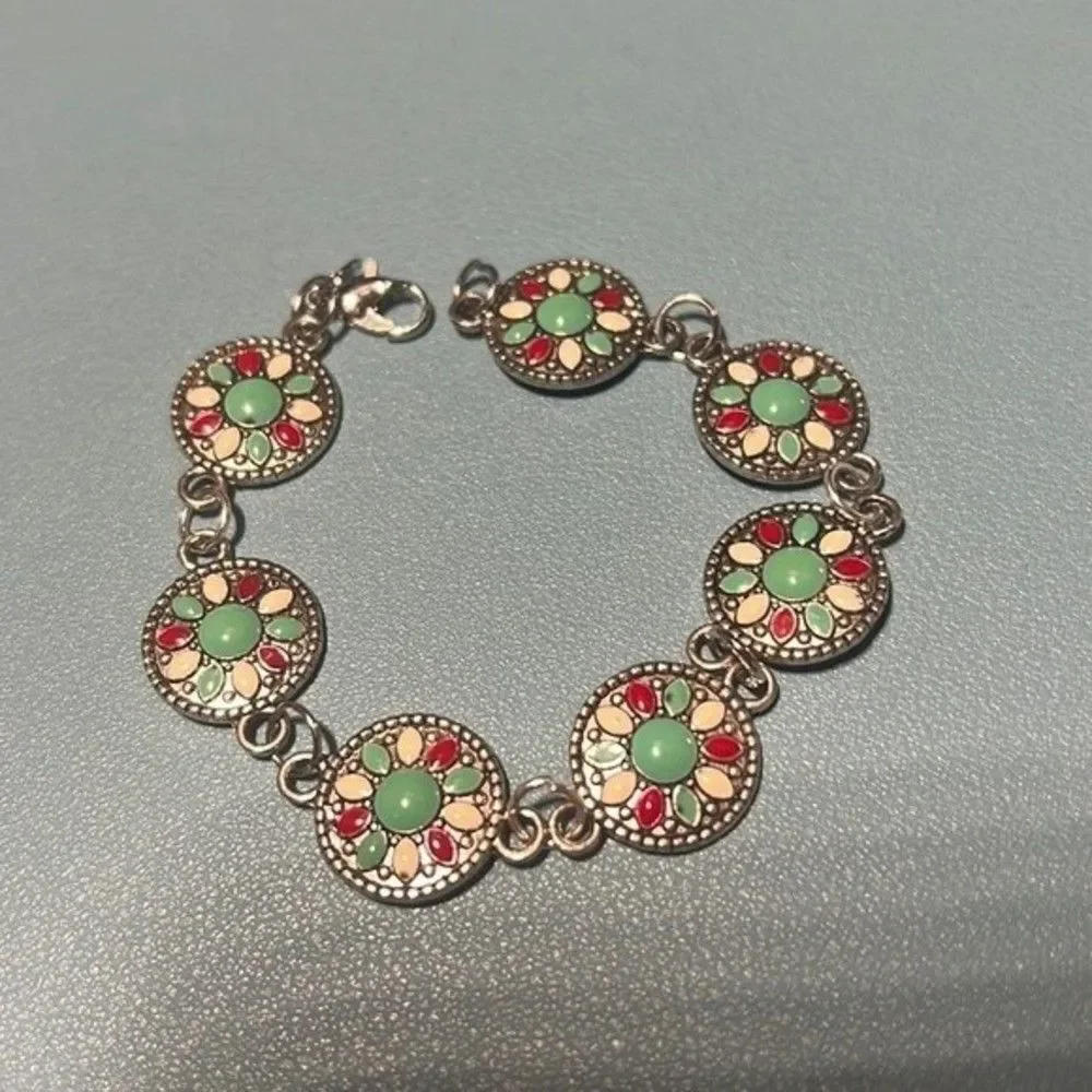 Handcrafted silver tone with multicolor design bracelet